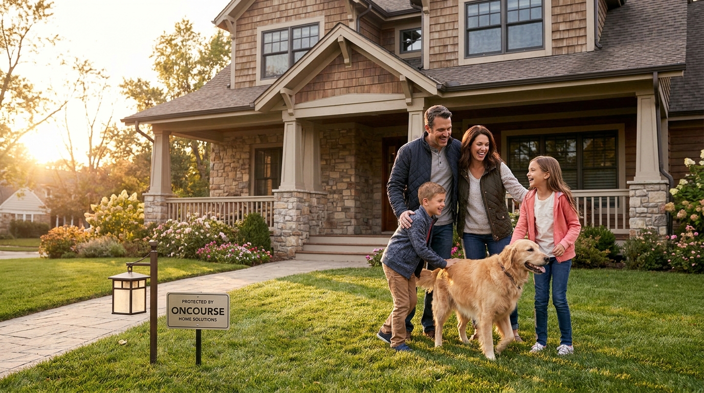 Happy family outside protected home