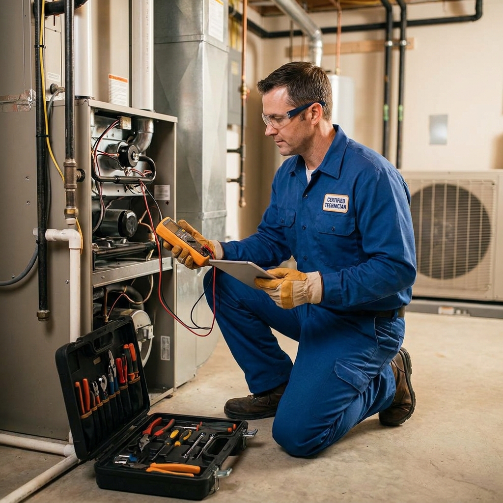 Certified HVAC technician servicing home system